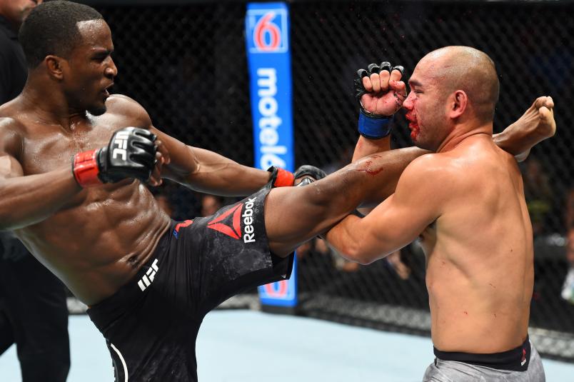 Geoff Neal kicks Frank Camacho of Guam in their welterweight fight during the UFC 228 event at American Airlines Center on September 8, 2018 in Dallas, Texas. (Photo by Josh Hedges/Zuffa LLC/Zuffa LLC via Getty Images)