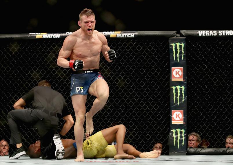 Scott Holtzman celebrates after knocking out Alan Patrick of Brazil in their lightweight bout during the UFC 229 event inside T-Mobile Arena on October 6, 2018 in Las Vegas, Nevada. (Photo by Christian Petersen/Zuffa LLC)