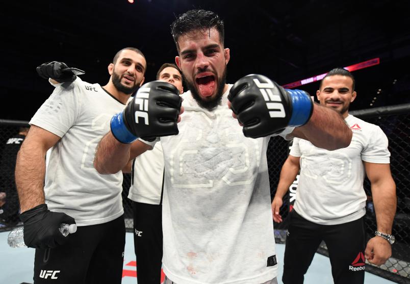 Nasrat Haqparast of Germany celebrates after his decision victory over Thibault Gouti of France in their lightweight bout during the UFC Fight Night event inside Avenir Centre on October 27, 2018 in Moncton, New Brunswick, Canada. (Photo by Jeff Bottari/Zuffa LLC via Getty Images)