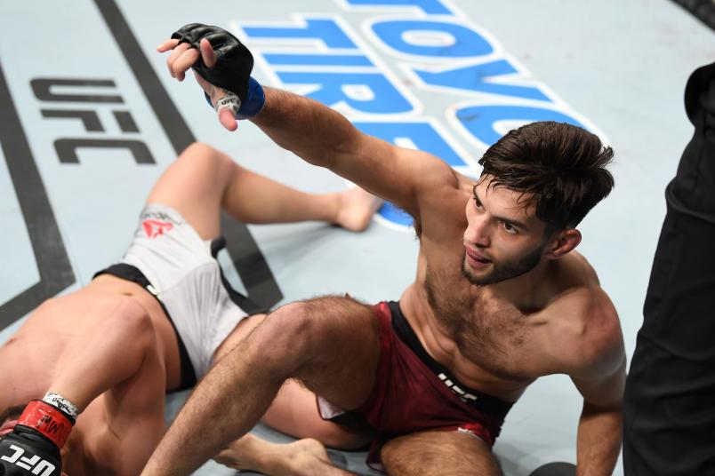 Matt Schnell reacts after submitting Louis Smolka in their bantamweight bout during the UFC Fight Night event at Intrust Bank Arena on March 9, 2019 in Wichita, Kansas. (Photo by Josh Hedges/Zuffa LLC via Getty Images)