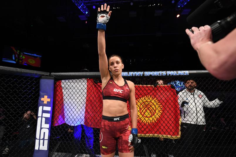 APRIL 20: Antonina Shevchenko of Kyrgyzstan is introduced prior to her women's flyweight bout against Roxanne Modafferi during the UFC Fight Night event at Yubileyny Sports Palace on April 20, 2019 in Saint Petersburg, Russia. (Photo by Jeff Bottari/Zuffa LLC via Getty Images)