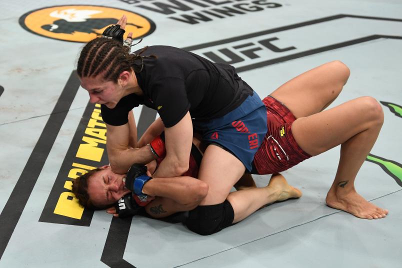 SAINT PETERSBURG, RUSSIA - APRIL 20: Roxanne Modafferi (top) elbows Antonina Shevchenko of Kyrgyzstan in their women's flyweight bout during the UFC Fight Night event at Yubileyny Sports Palace on April 20, 2019 in Saint Petersburg, Russia. (Photo by Jeff Bottari/Zuffa LLC/Zuffa LLC via Getty Images)