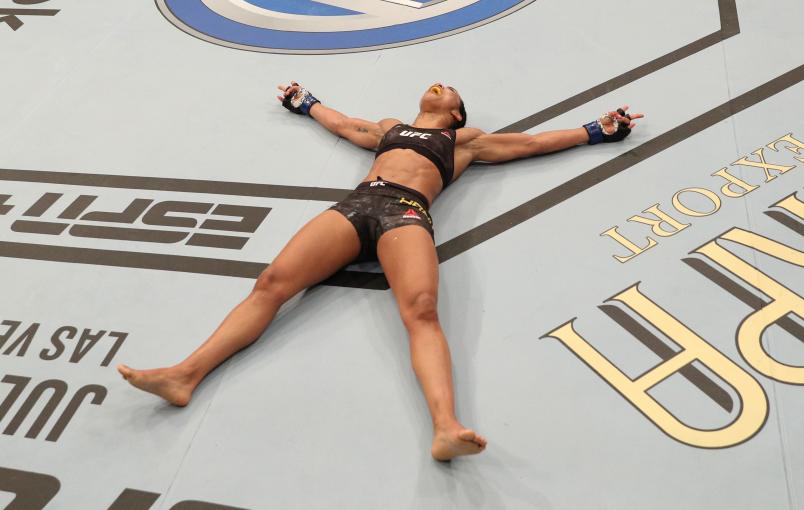 RIO DE JANEIRO, BRAZIL - MAY 11: Viviane Araujo of Brazil reacts after her TKO victory over Talita Bernardo of Brazil in their women's bantamweight bout during the UFC 237 event at Jeunesse Arena on May 11, 2019 in Rio De Janeiro, Brazil. (Photo by Buda Mendes/Zuffa LLC/Zuffa LLC via Getty Images)