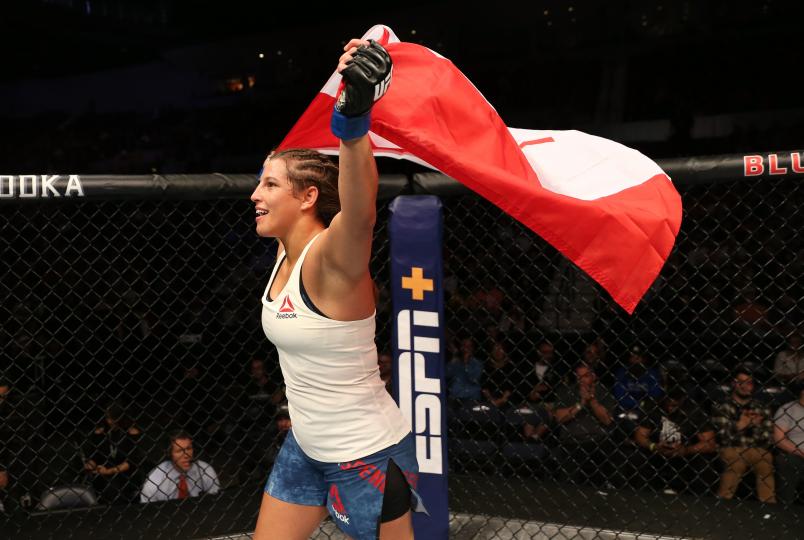 ROCHESTER, NY - MAY 18: Felicia Spencer of Canada reacts after her victory over Megan Anderson in their women's featherweight bout during the UFC Fight Night event at Blue Cross Arena on May 18, 2019 in Rochester, New York. (Photo by Michael Owens/Zuffa LLC/Zuffa LLC via Getty Images)