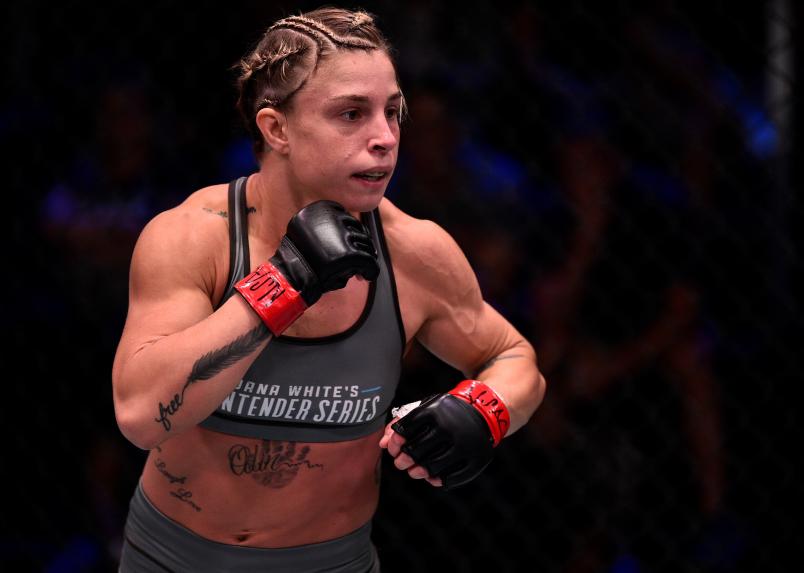 Hannah Goldy battles Kali Robbins (not pictured) in their women's strawweight bout during Dana White's Contender Series at the UFC Apex on June 18, 2019 in Las Vegas, Nevada. (Photo by Chris Unger/DWCS LLC)
