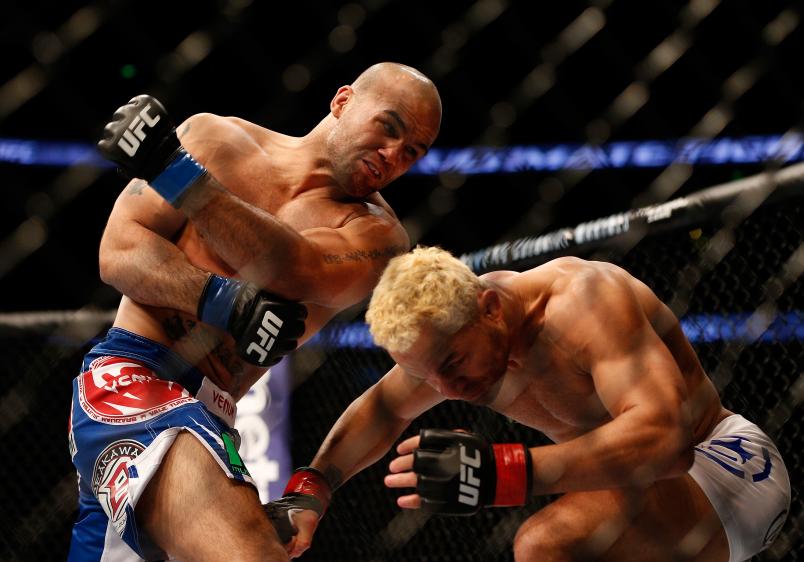 ANAHEIM, CA - FEBRUARY 23: (L-R) Robbie Lawler punches Josh Koscheck in their welterweight bout during UFC 157 at Honda Center on February 23, 2013 in Anaheim, California. (Photo by Josh Hedges/Zuffa LLC/Zuffa LLC via Getty Images)