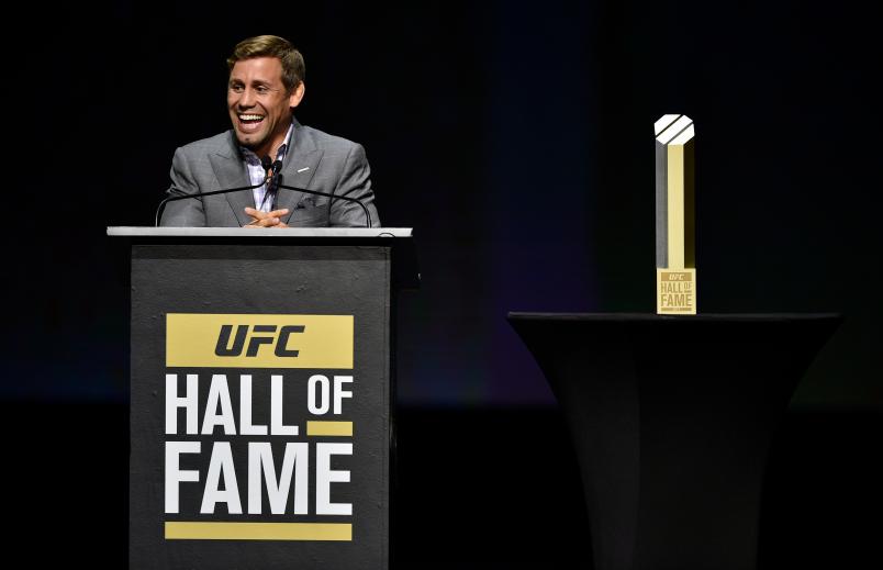 LAS VEGAS, NV - JULY 06: Urijah Faber gives his acceptance speech to the crowd during the UFC Hall of Fame 2017 Induction Ceremony at the Park Theater on July 6, 2017 in Las Vegas, Nevada. (Photo by Jeff Bottari/Zuffa LLC/Zuffa LLC via Getty Images)