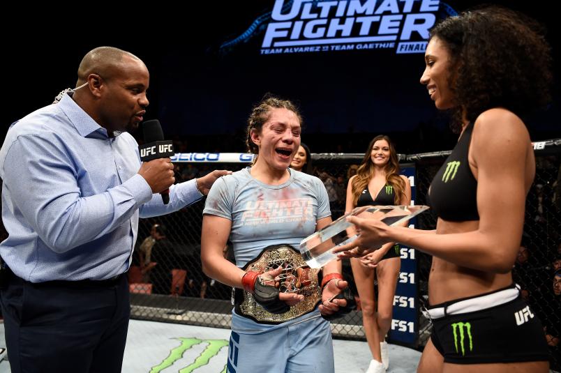 LAS VEGAS, NV - DECEMBER 01: Nicco Montano celebrates her unanimous-decision victory over Roxanne Modafferi in their women's flyweight championship bout during the TUF Finale event inside Park Theater on December 01, 2017 in Las Vegas, Nevada. (Photo by Jeff Bottari/Zuffa LLC/Zuffa LLC via Getty Images)