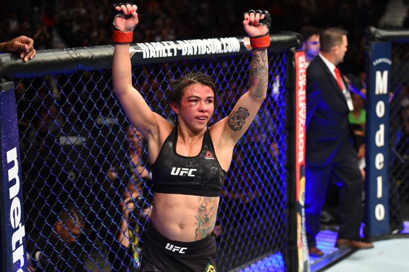 CHICAGO, ILLINOIS - JUNE 09: Claudia Gadelha of Brazil reacts after finishing three rounds against Carla Esparza in their women's strawweight fight during the UFC 225 event at the United Center on June 9, 2018 in Chicago, Illinois. (Photo by Josh Hedges/Zuffa LLC/Zuffa LLC via Getty Images)