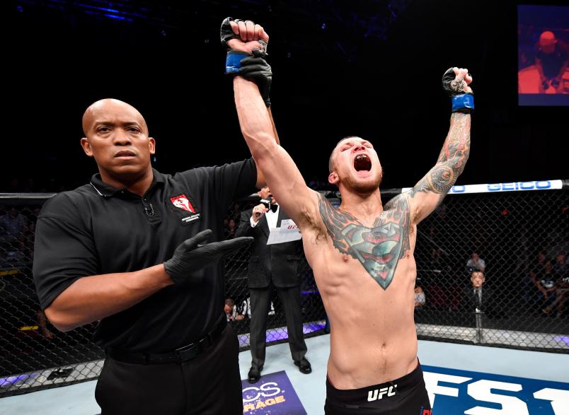 LAS VEGAS, NV - JULY 06: Steven Peterson celebrates after his split-decision victory over Matt Bessette in their featherweight bout during The Ultimate Fighter Finale event inside The Pearl concert theater at Palms Casino Resort on July 6, 2018 in Las Vegas, Nevada. (Photo by Jeff Bottari/Zuffa LLC/Zuffa LLC via Getty Images)