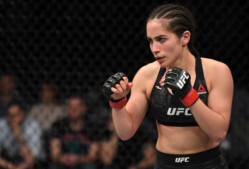 PRAGUE, CZECH REPUBLIC - FEBRUARY 23: Veronica Macedo of Venezuela battles Gillian Robertson (not pictured) of Canada in their women's flyweight bout during the UFC Fight Night event at O2 Arena in Prague, Czech Republic. (Photo by Jeff Bottari/Zuffa LLC)