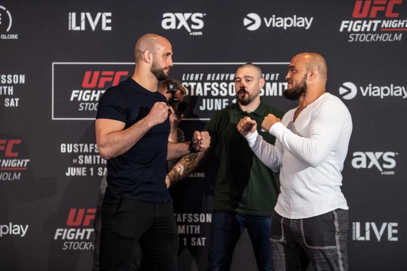 STOCKHOLM, SWEDEN - MAY 30: (L-R) Volkan Oezdemir of Switzerland and IIir Latifi of Sweden face off for the media during the UFC Fight Night Ultimate Media Day at Ericsson Globe Arena on May 30, 2019 in Stockholm, Sweden. (Photo by Jeff Bottari/Zuffa LLC/Zuffa LLC via Getty Images)