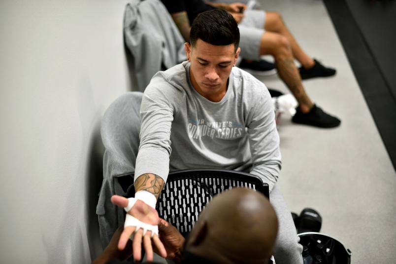 Maki Pitolo has his hands wrapped prior to his middleweight bout against Justin Sumter during Dana White's Contender Series at the UFC Apex on July 9, 2019 in Las Vegas, Nevada. (Photo by Chris Unger/DWCS LLC)