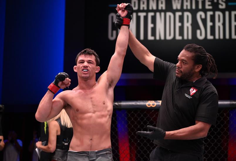 Billy Quarantillo celebrates after his TKO victory over Kamuela Kirk in their featherweight bout during Dana White's Contender Series at the UFC Apex on July 23, 2019 in Las Vegas, Nevada. (Photo by Chris Unger/DWCS LLC)
