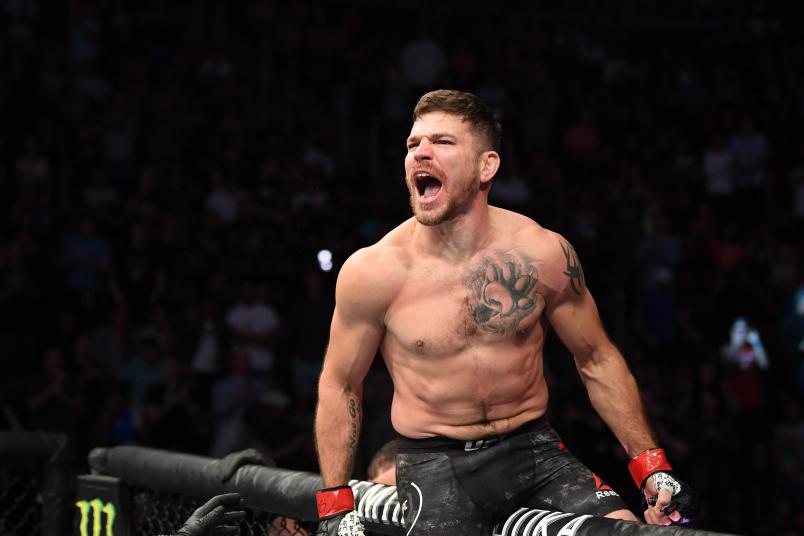 NEWARK, NJ - AUGUST 03: (L-R) Jim Miller celebrates his submission victory over Clay Guida in their lightweight bout during the UFC Fight Night event at the Prudential Center on August 3, 2019 in Newark, New Jersey. (Photo by Josh Hedges/Zuffa LLC/Zuffa LLC via Getty Images)