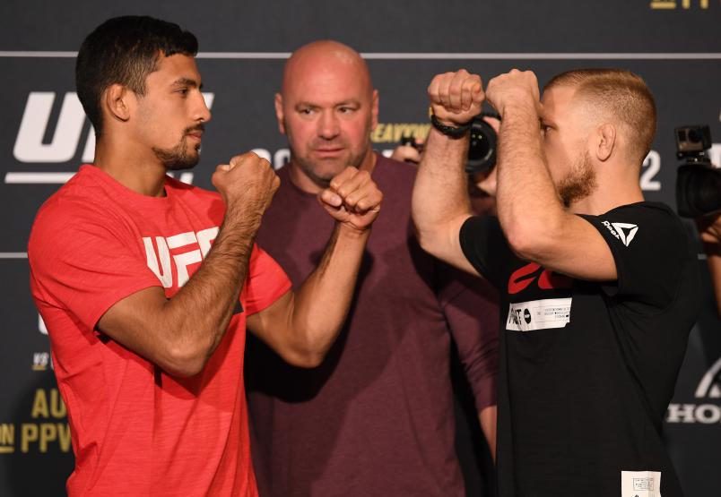 ANAHEIM, CALIFORNIA - AUGUST 15: (L-R) Manny Bermudez and Casey Kenney face off during the UFC 241 Ultimate Media Day at the Hilton Anaheim hotel on August 15, 2019 in Anaheim, California. (Photo by Josh Hedges/Zuffa LLC/Zuffa LLC)
