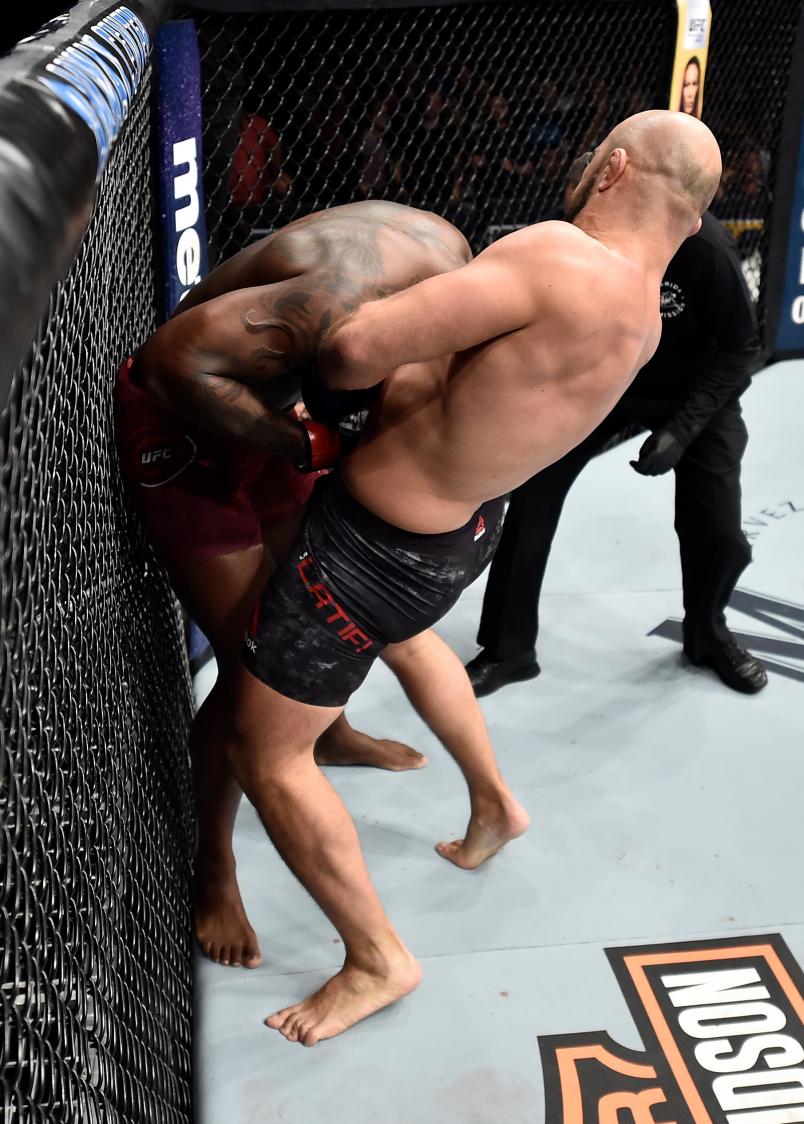 Ilir Latifi of Sweden secures a guillotine choke submission against Ovince Saint Preux in their light heavyweight bout during the UFC Fight Night event at Amway Center on February 24, 2018 in Orlando, Florida. (Photo by Jeff Bottari/Zuffa LLC via Getty Images)