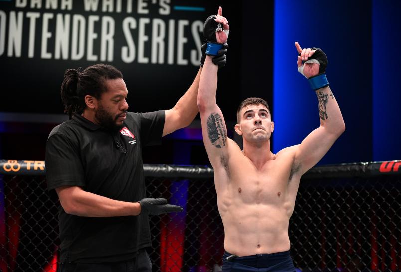 Joe Solecki celebrates after his victory over James Wallace in their lightweight bout during Dana White's Contender Series at the UFC Apex on July 9, 2019 in Las Vegas, Nevada. (Photo by Chris Unger/DWCS LLC)