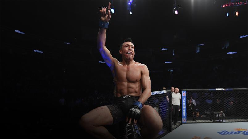NASHVILLE, TENNESSEE - MARCH 23: Chris Gutierrez reacts after the conclusion of his bantamweight bout against Ryan MacDonald during the UFC Fight Night event at Bridgestone Arena on March 23, 2019 in Nashville, Tennessee. (Photo by Jeff Bottari/Zuffa LLC/Zuffa LLC via Getty Images)