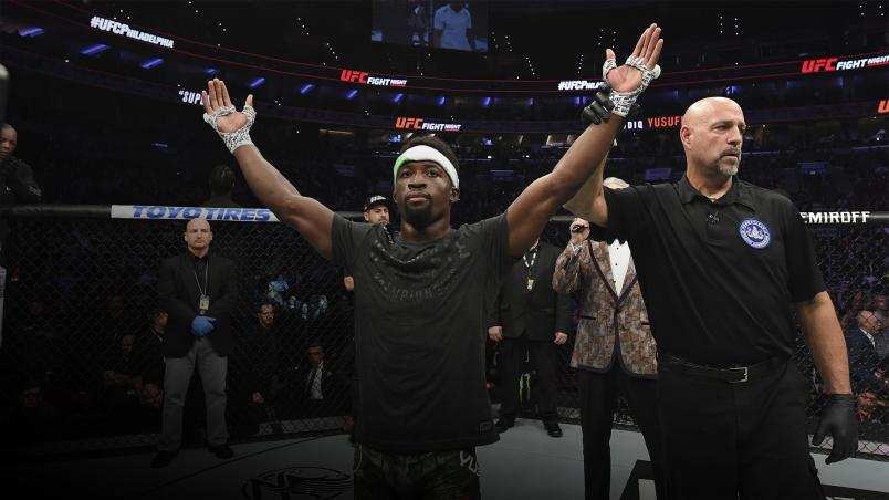 PHILADELPHIA, PA - MARCH 30: Sodiq Yusuff of Nigeria celebrates after defeating Sheymon Moraes of Brazil by unanimous decision in their featherweight bout during the UFC Fight Night event at Wells Fargo Center on March 30, 2019 in Philadelphia, Pennsylvania. (Photo by Josh Hedges/Zuffa LLC/Zuffa LLC via Getty Images)