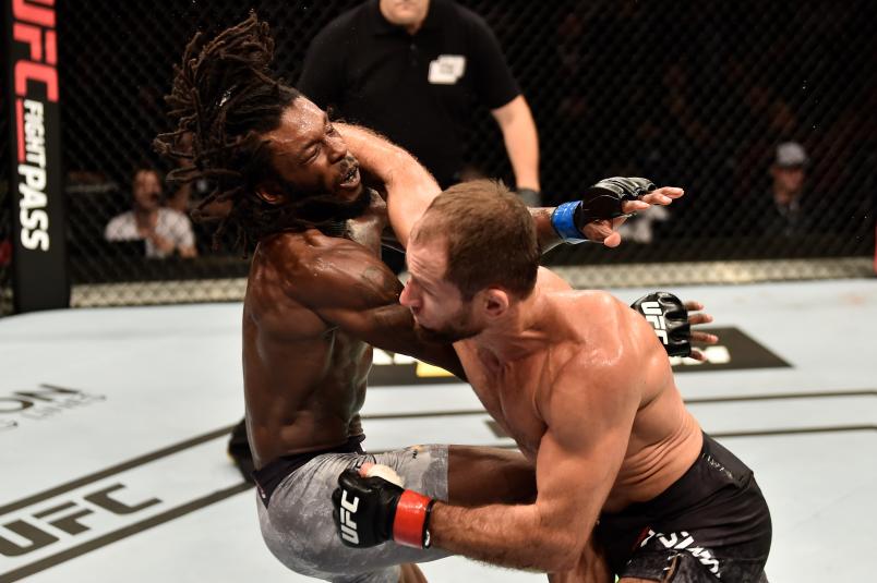 MOSCOW, RUSSIA - SEPTEMBER 15: (R-L) Mairbek Taisumov of Russia punches Desmond Green in their lightweight bout during the UFC Fight Night event at Olimpiysky Arena on September 15, 2018 in Moscow, Russia. (Photo by Jeff Bottari/Zuffa LLC/Zuffa LLC via Getty Images)