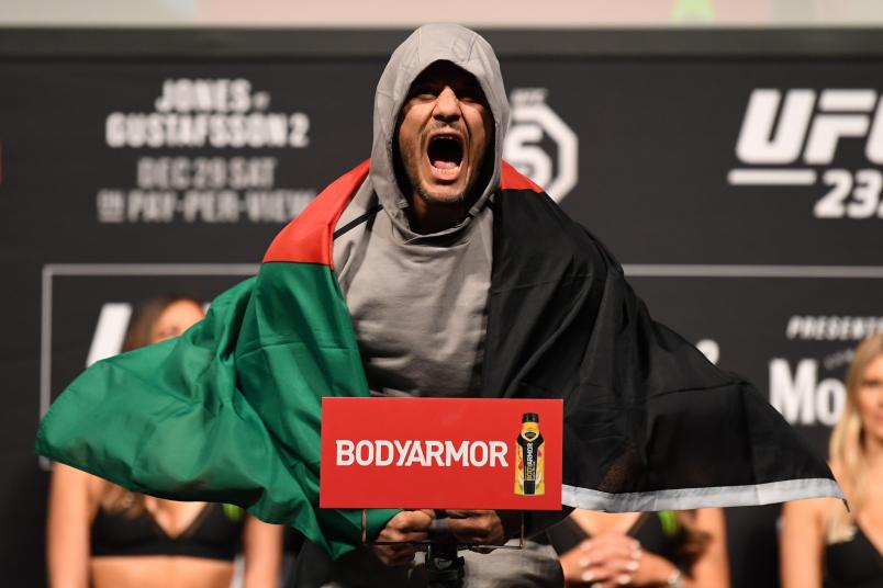 INGLEWOOD, CA - DECEMBER 28: Siyar Bahadurzada of Afghanistan poses on the scale during the UFC 232 weigh-in inside The Forum on December 28, 2018 in Inglewood, California. (Photo by Josh Hedges/Zuffa LLC/Zuffa LLC via Getty Images)