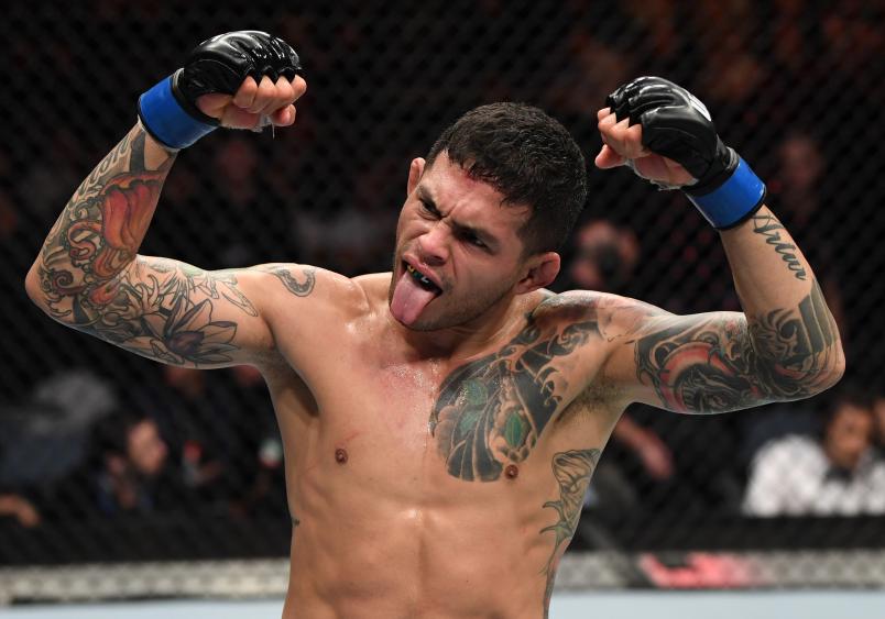 PRAGUE, CZECH REPUBLIC - FEBRUARY 23: Diego Ferreira of Brazil reacts after the conclusion of his lightweight bout against Rustam Khabilov during the UFC Fight Night event at O2 Arena on February 23, 2019 in the Prague, Czech Republic. (Photo by Jeff Bottari/Zuffa LLC/Zuffa LLC via Getty Images)