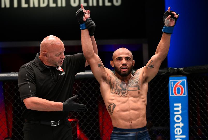 LAS VEGAS, NV - JUNE 25: Miles Johns celebrates after his unanimous-decision victory over Richie Santiago in their bantamweight bout during Dana White's Contender Series at the UFC Apex on June 25, 2019 in Las Vegas, Nevada. (Photo by Chris Unger/DWCS LLC)