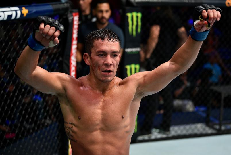 LAS VEGAS, NV - JULY 09: Hunter Azure reacts after the conclusion of his bantamweight bout against Christian Ocon during Dana White's Contender Series at the UFC Apex on July 9, 2019 in Las Vegas, Nevada. (Photo by Chris Unger/DWCS LLC)
