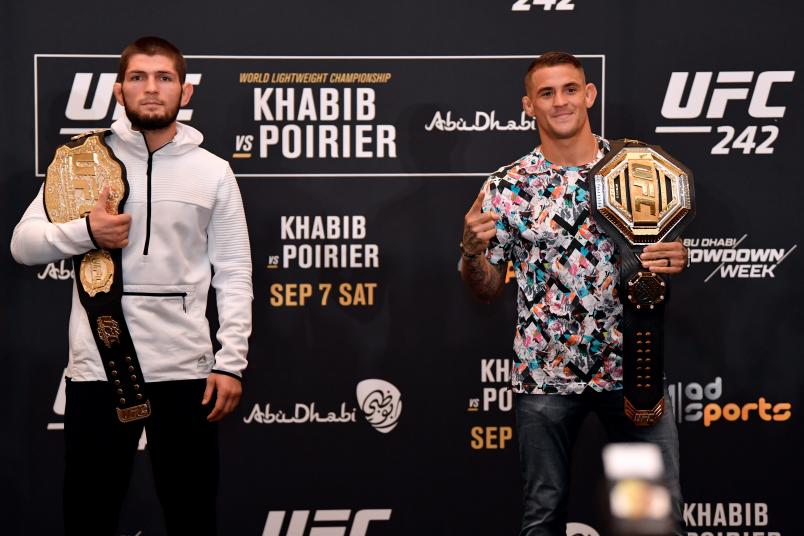 ABU DHABI, UNITED ARAB EMIRATES - SEPTEMBER 05: (L-R) Khabib Nurmagomedov of Russia and Dustin Poirier pose for media during the UFC 242 Ultimate Media Day at the Yas Hotel on September 5, 2019 in Abu Dhabi, United Arab Emirates. (Photo by Jeff Bottari/Zuffa LLC/Zuffa LLC via Getty Images)