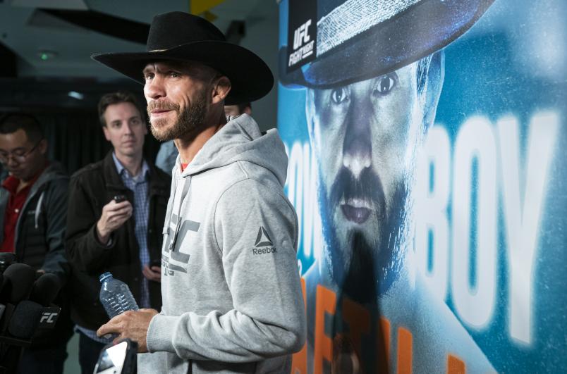 Donald Cowboy Cerrone in the media scrum during the UFC Fight Night Open Workouts at Rogers Arena on September 11, 2019 in Vancouver, Canada. (Photo by Rich Lam/Zuffa LLC)