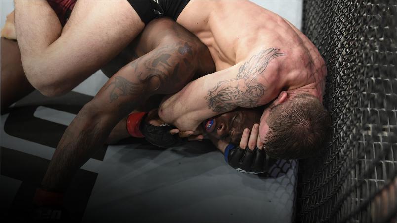 Nikita Krylov of Ukraine attempts to submit Ovince Saint Preux in their light heavyweight bout during the UFC 236 event at State Farm Arena on April 13, 2019 in Atlanta, Georgia. (Photo by Josh Hedges/Zuffa LLC)