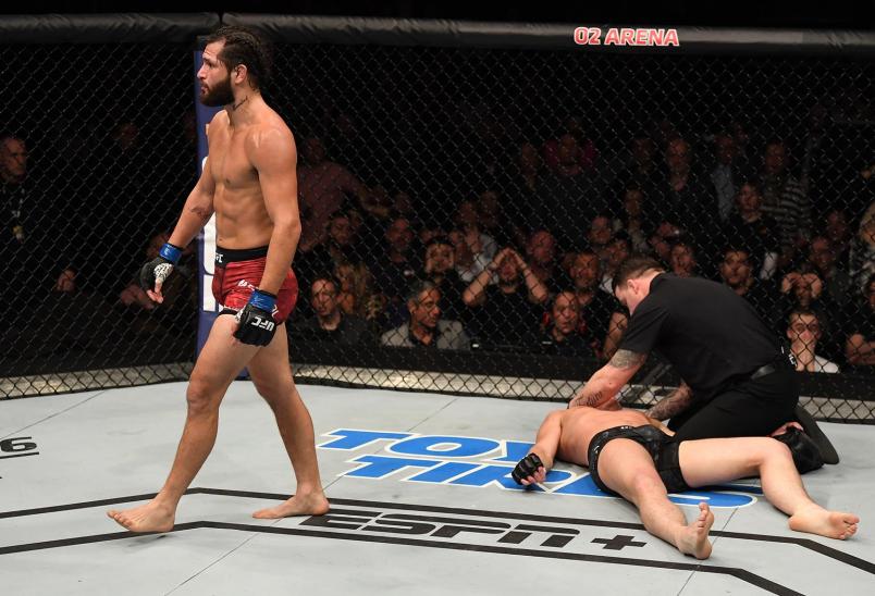 Jorge Masvidal reacts after his knockout victory over Darren Till of England in their welterweight bout during the UFC Fight Night event at The O2 Arena on March 16, 2019 in London, England. (Photo by Jeff Bottari/Zuffa LLC)