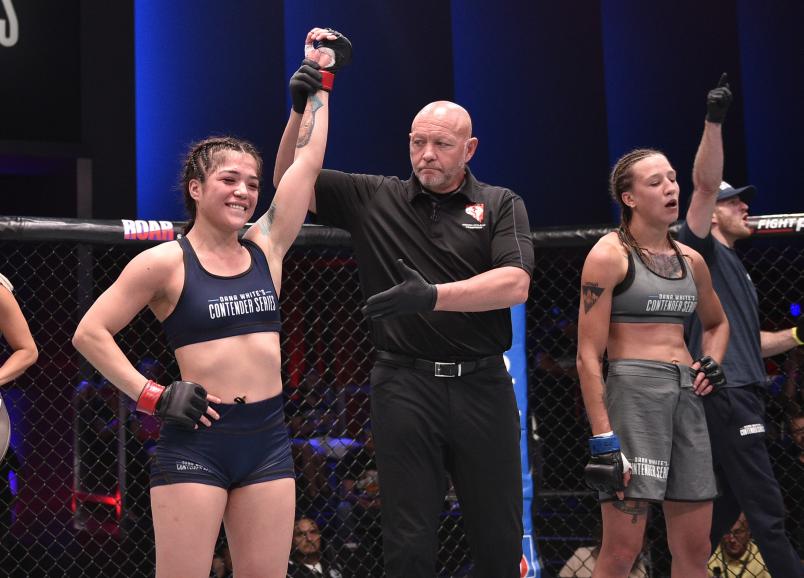 LAS VEGAS, NEVADA - JULY 30: Tracy Cortez celebrates after defeating Mariya Agapova in their flyweight fight during Dana White's Contender Series Week Six at the UFC Apex on July 30, 2019 in Las Vegas, Nevada. (Photo by Chris Unger/DWCS LLC/Zuffa LLC)