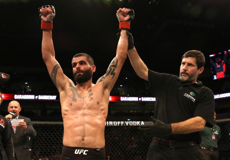 MONTEVIDEO, URUGUAY - AUGUST 10: Eduardo Garagorri of Uruguay celebrates after his victory over Humberto Bandenay in their featherweight fight during the UFC Fight Night event on August 10, 2019 in Montevideo, Uruguay. (Photo by Alexandre Schneider /Zuffa LLC)