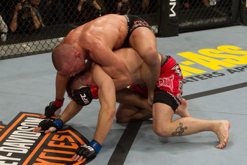 NEWARK, NJ - MARCH 27: Georges St-Pierre (black shorts) def. Dan Hardy (red shorts) - Unanimous decision during UFC 111 at Prudential Center on March 27, 2010 in Newark, New Jersey. (Photo by Josh Hedges/Zuffa LLC via Getty Images)