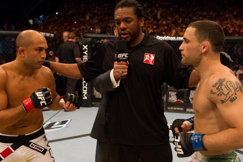 Frankie Edgar (white/green shorts) def. BJ Penn (white shorts) - Unanimous decision during UFC 112 at Yas Island on April 10, 2010 in Abu Dhabi, United Arab Emirates. (Photo by Josh Hedges/Zuffa LLC via Getty Images)