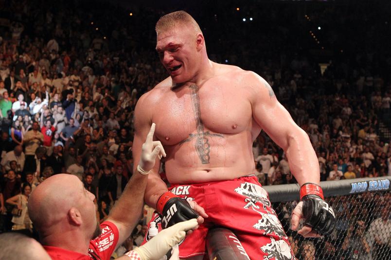 LAS VEGAS - JULY 03: Brock Lesnar reacts after his second round submission victory against Shane Carwin to win the UFC Heavyweight Championship Unification bout at the MGM Grand Garden Arena on July 3, 2010 in Las Vegas, Nevada. (Photo by Josh Hedges/Zuffa LLC/Zuffa LLC via Getty Images)