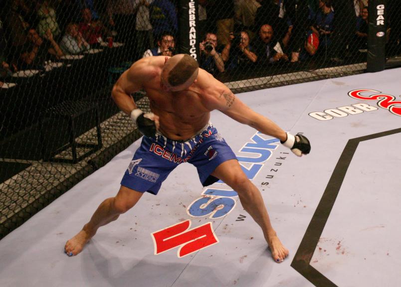 Chuck Liddell celebrates his victory over Randy Couture at UFC 52 at the MGM Grand Garden Arena on April 16, 2005 in Las Vegas, Nevada. (Photo by Josh Hedges/Zuffa LLC via Getty Images)