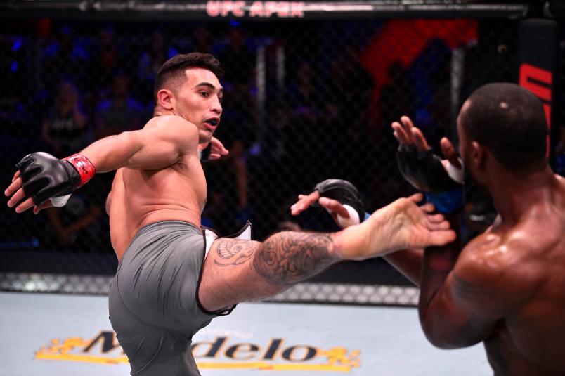Punahele Soriano kicks Jamie Pickett in their middleweight bout during Dana White's Contender Series at the UFC Apex on June 18, 2019 in Las Vegas, Nevada. (Photo by Chris Unger/DWCS LLC)