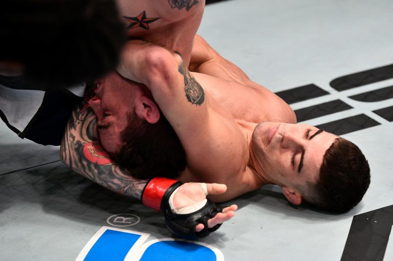 Joe Solecki secures a guillotine choke against James Wallace in their lightweight bout during Dana White's Contender Series at the UFC Apex on July 9, 2019 in Las Vegas, Nevada. (Photo by Chris Unger/DWCS LLC)