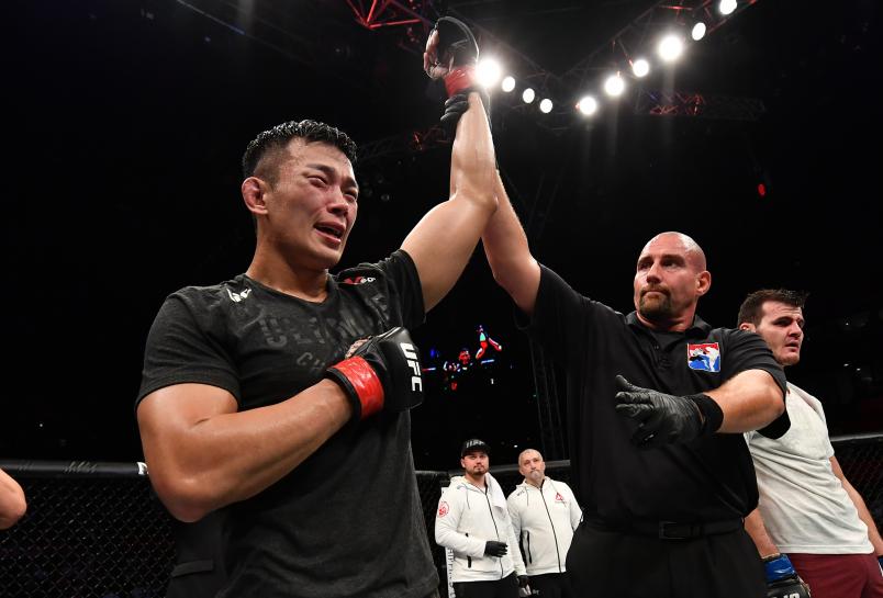 SHENZHEN, CHINA - AUGUST 31: Da Un Jung of South Korea celebrates after his submission victory over Khadis Ibragimov in their light heavyweight bout during the UFC Fight Night event at Shenzhen Universiade Sports Centre on August 31, 2019 in Shenzhen, China. (Photo by Brandon Magnus/Zuffa LLC/Zuffa LLC)
