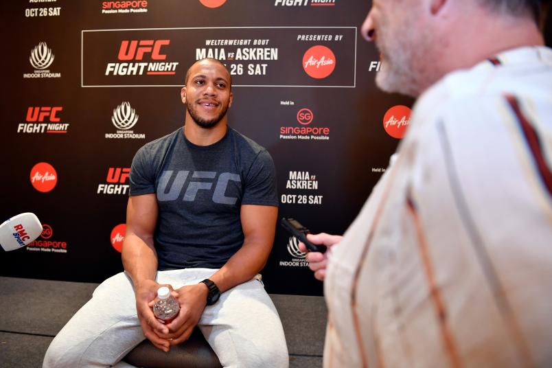 SINGAPORE, SINGAPORE - OCTOBER 24: Ciryl Gane of France interacts with media during the UFC Fight Night Ultimate Media Day at the Mandarin Oriental on October 24, 2019 in Singapore, Singapore. (Photo by Jeff Bottari/Zuffa LLC via Getty Images)