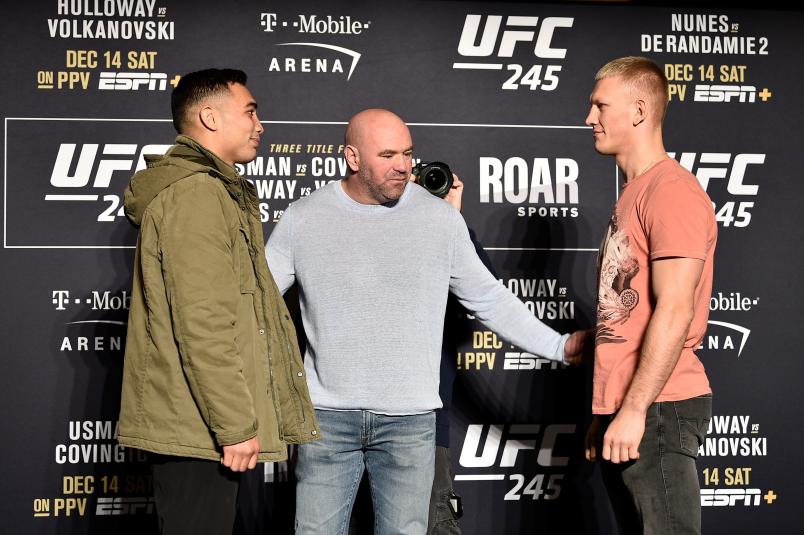 Punahele Soriano and Oskar Piechota of Poland face off during the UFC 245 Ultimate Media Day at the Red Rock Casino Resort on December 12, 2019 in Las Vegas, Nevada. (Photo by Chris Unger/Zuffa LLC via Getty Images)