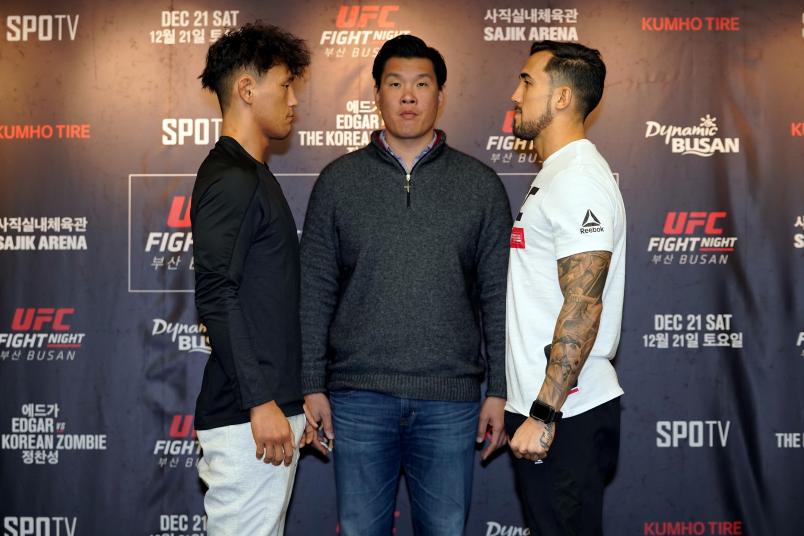 BUSAN, SOUTH KOREA - DECEMBER 19: (L-R) Dong Hyun Ma of South Korea and Omar Morales of Venezuela face-off during the UFC Fight Night Ultimate Media Day at Lotte Hotel Busan on December 19, 2019 in Busan, South Korea. (Photo by Jeff Bottari/Zuffa LLC via Getty Images)
