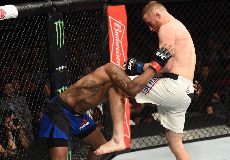 Justin Gaethje knees Michael Johnson in their lightweight bout during The Ultimate Fighter Finale at T-Mobile Arena on July 7, 2017 in Las Vegas, Nevada. (Photo by Brandon Magnus/Zuffa LLC via Getty Images)