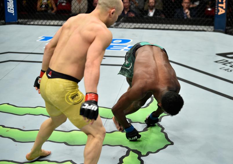 Marlon Moraes of Brazil knocks out Aljamain Sterling in their bantamweight bout during the UFC Fight Night event inside Save Mart Center on December 9, 2017 in Fresno, California. (Photo by Jeff Bottari/Zuffa LLC via Getty Images)