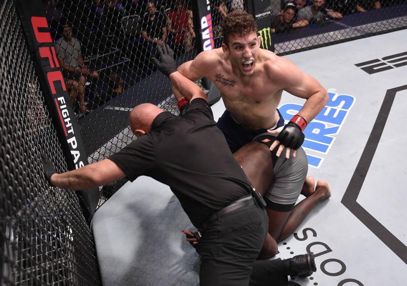 Aleksa Camur celebrates after knocking out Fabio Cherant in their light heavyweight fight during Dana White's Contender Series Week Six at the UFC Apex on July 30, 2019 in Las Vegas, Nevada. (Photo by Chris Unger/DWCS LLC/Zuffa LLC)