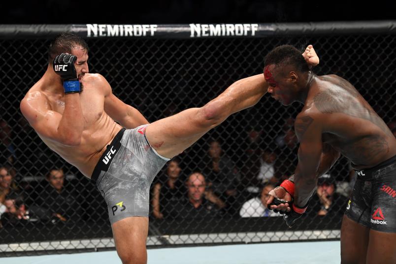 LAS VEGAS, NV - OCTOBER 06: Dominick Reyes kicks Ovince Saint Preux in their light heavyweight bout during the UFC 229 event inside T-Mobile Arena on October 6, 2018 in Las Vegas, Nevada. (Photo by Josh Hedges/Zuffa LLC)