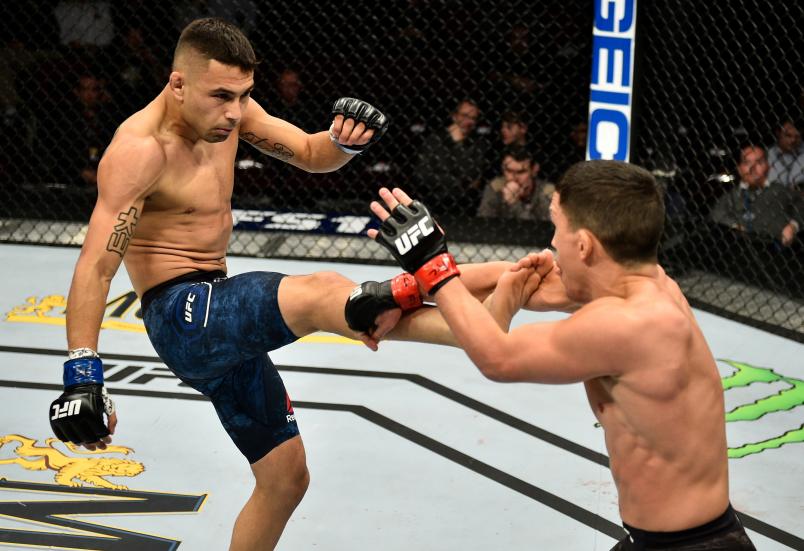 LAS VEGAS, NV - NOVEMBER 30: (L-R) Alex Perez kicks Joseph Benavidez during The Ultimate Fighter Finale event inside The Pearl concert theater at Palms Casino Resort on November 30, 2018 in Las Vegas, Nevada. (Photo by Chris Unger/Zuffa LLC/Zuffa LLC via Getty Images)
